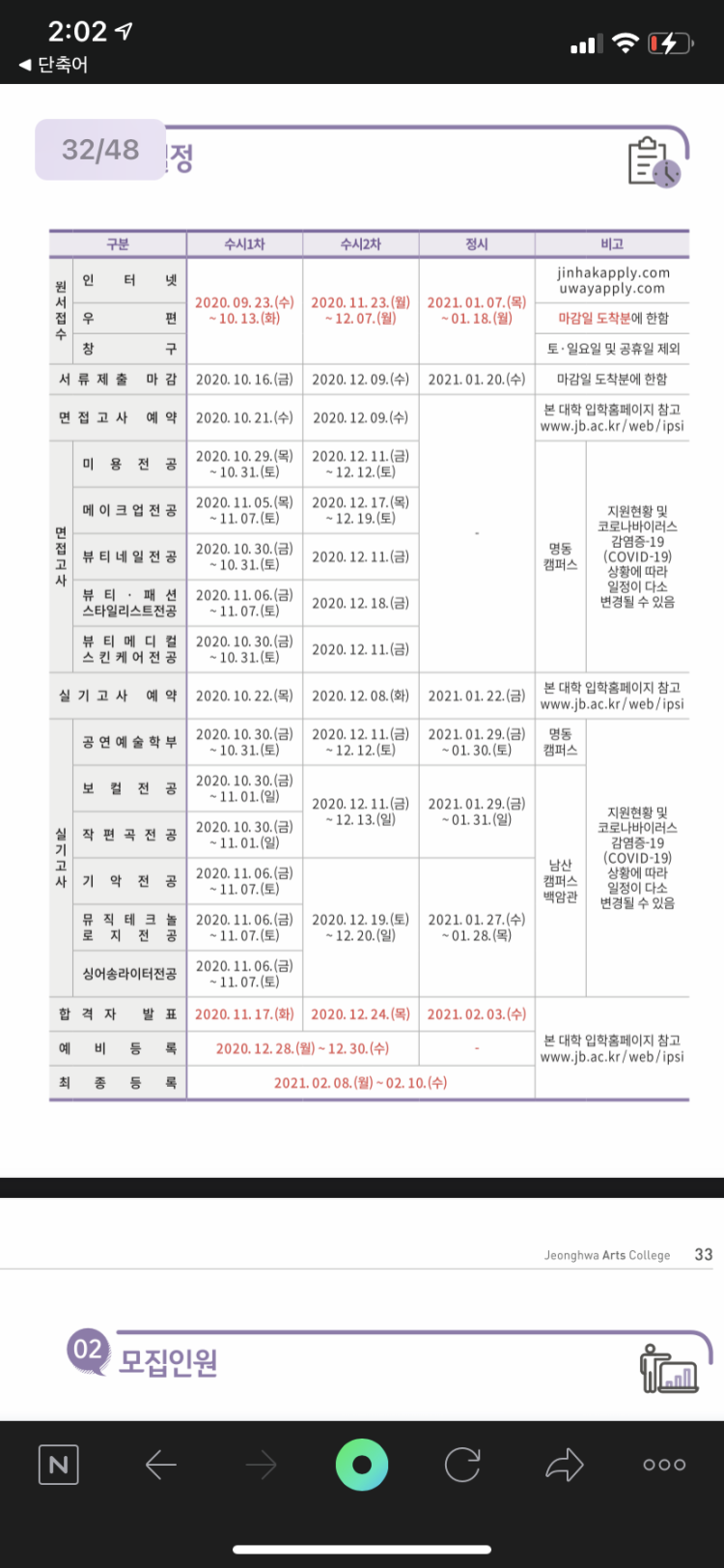 정화예대 1차에서 예비를 받으면 2차 : 지식In