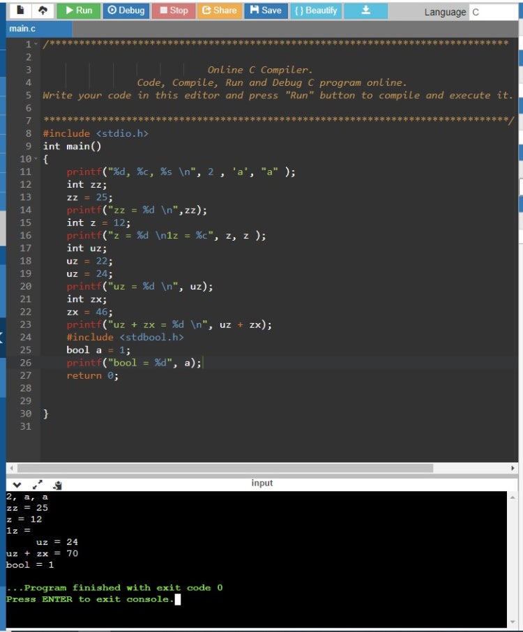 25번째 라인 bool a에 1을 대입했는데 TRUE를 보기 위해 printf를 썻는데 자료형을 d로 써서 정수 1이