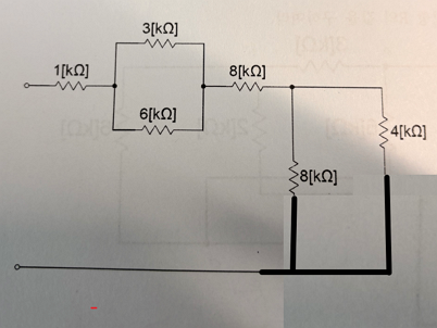 등가저항을 구하는데 직 병렬 관계가 헷갈려요ㅠㅠ 1+(3||6)+8까지 했는데 오른쪽 부분이 무슨 연결인지 헷갈려서 못 풀겠어요. (2+2)||4||8로