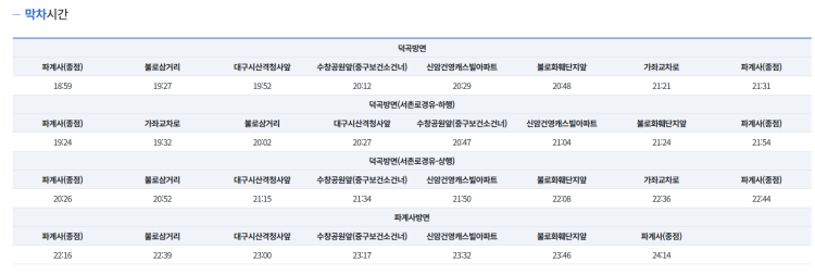 대구 101-1 버스 끊기는 시간 몇시인가요? 대구 101-1 버스 끊기는 시간 몇시인가요ㅠㅠ 급해용