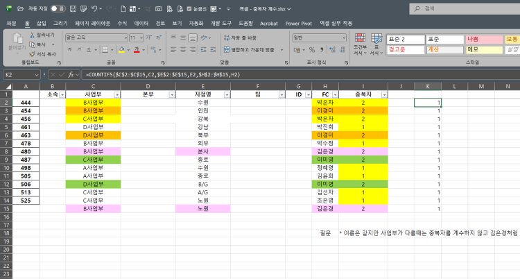 엑셀 - 중복자 계수