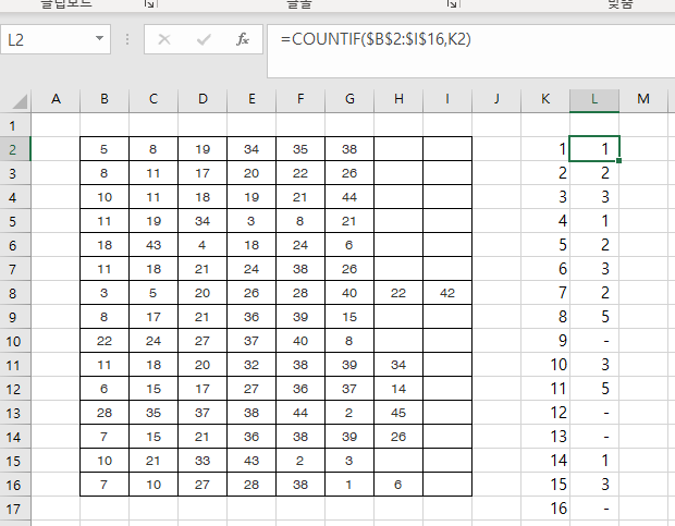 엑셀 중복수 몇번인지 추리기 예를들어