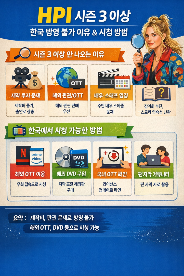 HPI 드라마 추리물이라 확인안하면 어차피 돈벌텐데 어째서 시즌3 이후 안하는지 이해 불가 미국버