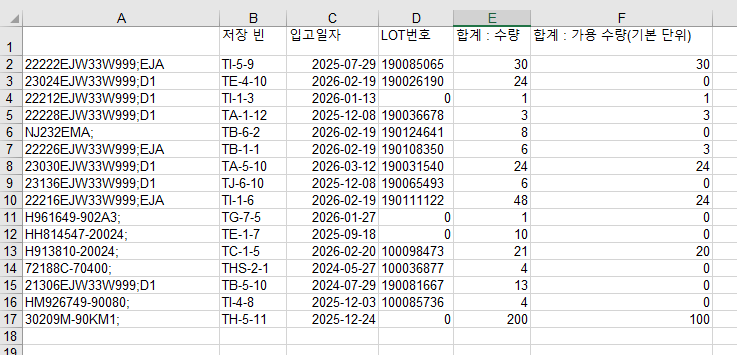 엑셀 수식 도와주세요.. 제품시트 A열에 각 제품을 전체재고 시트에서
